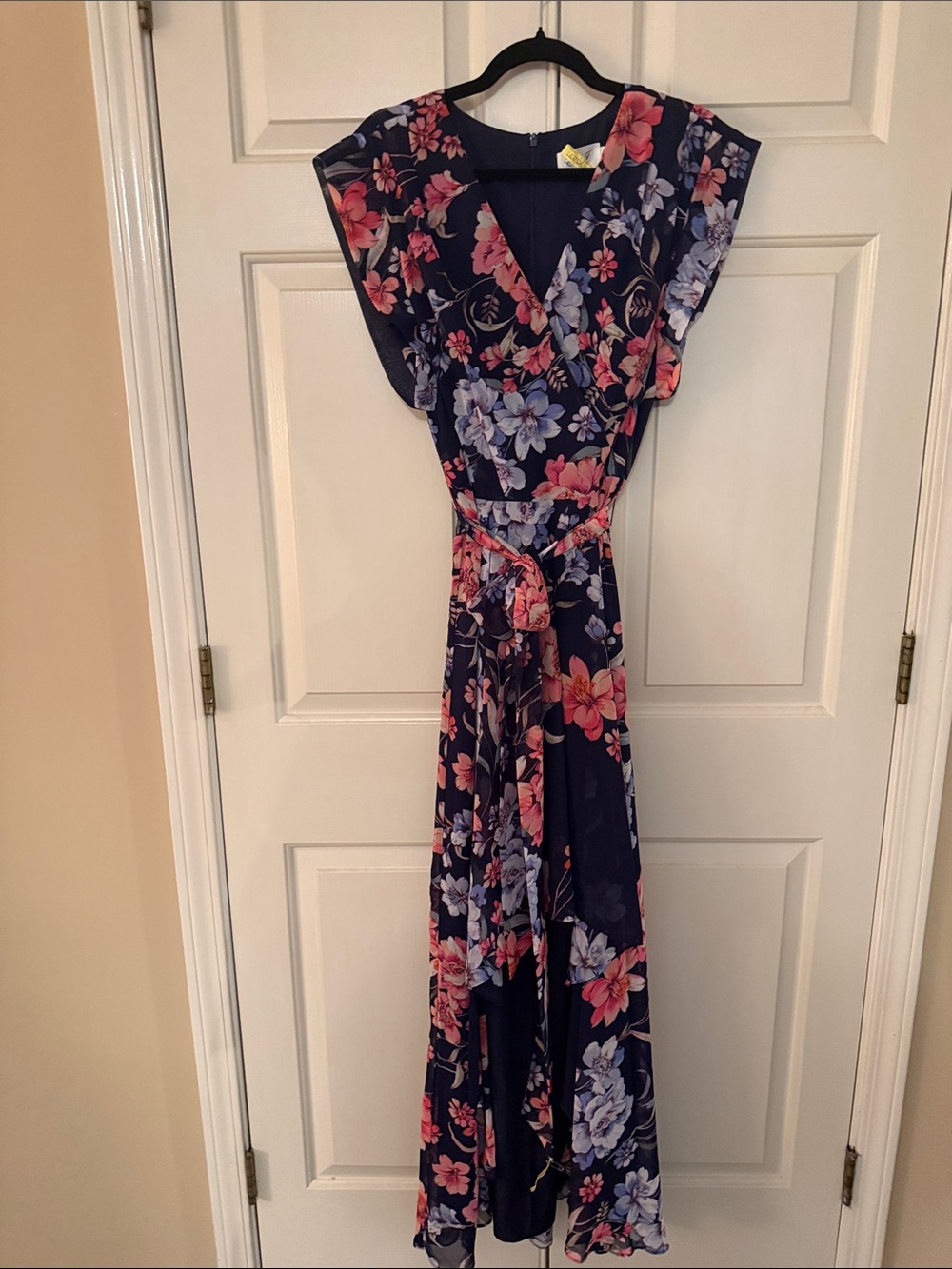 Eliza J Navy Floral High-Low Wrap Dress with Pink & Lavender Blooms